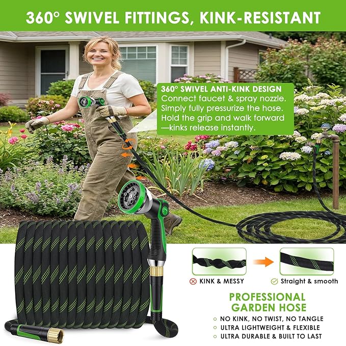 Garden Hose 75 ft, Non-Expandable Ultra-Lightweight Flexible Hose with 360° Dual-End Anti-Kink Design, 10-Pattern Spray Nozzle, 500 PSI Leak-Proof, 96-Strand Braided Fabric, Storage Strap