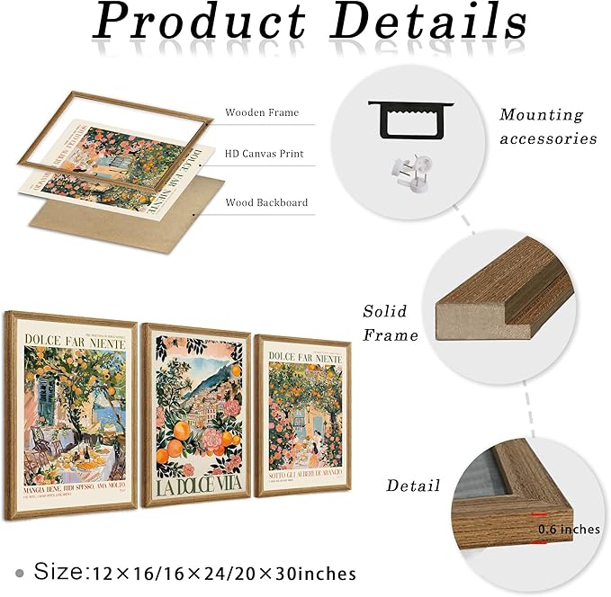 SYWENNOI 3 Pieces Wood Framed Italy Scenes Canvas Wall Art, Tuscan Wall Decor