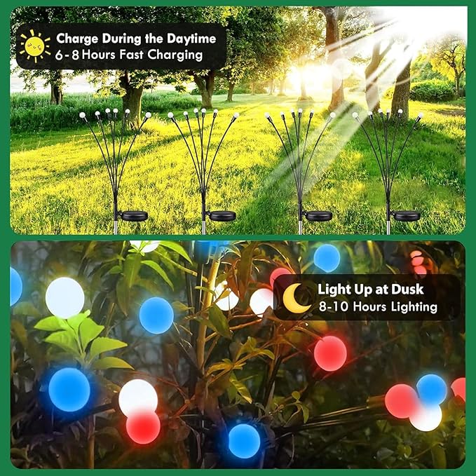 4th of July Decorations, 6 Pack Solar Firefly Lights Outdoor, 36 LED Waterproof Patriotic Decor Garden Lights with 2 Modes for 250th Anniversary National Yard Path Decorations (Red White and Blue)