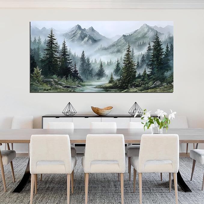 Tarfupth Large Misty Forest Wall Art for Living Room Green Nature Mountain Landscape Canvas Artwork with Trees and River Nature Art for Bedroom Office Home Decor 29x58 Inch
