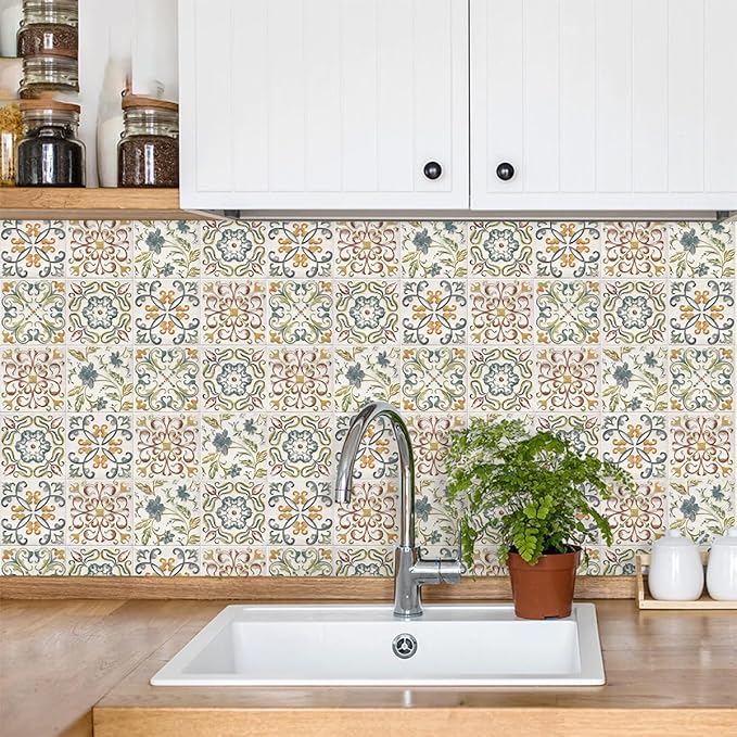Wudnaye Bohemian Wallpaper Peel and Stick Faux Tile Contact Paper 17”×196” Tile
