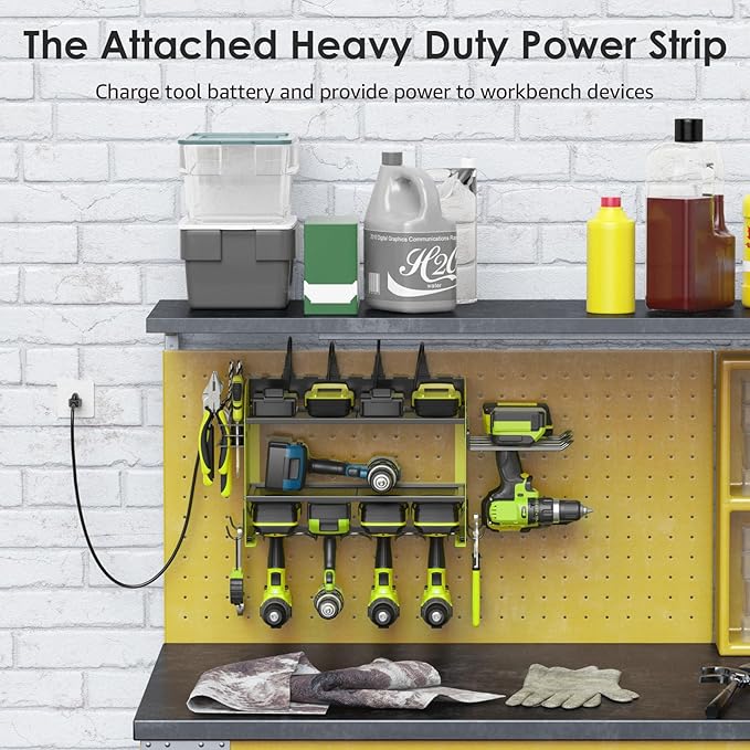 CCCEI Modular Power Tool Organizer Wall Mount Charging Station, Green 6 Drills Holder with 8 Plug Power Strip 6FT, Garage Drill Battery Heavy Duty Metal Shelf, Utility Rack with Hooks, Side Storage.