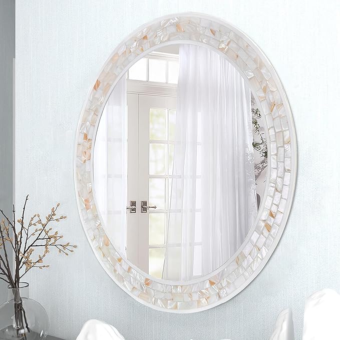 Mosaic Mirrors for Wall 30 Inch, Natural Mother of Pearl Inlay White Framed