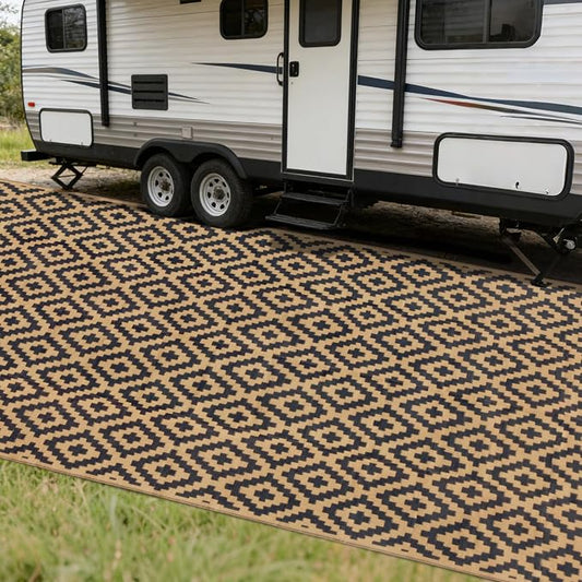 SAND MINE Reversible Mats, Plastic Straw Rug, Modern Area Rug, Large Floor Mat and Rug for Outdoors, RV, Patio, Backyard, Deck, Picnic, Beach, Trailer, Camping, Black & Brown, 8' x 16'