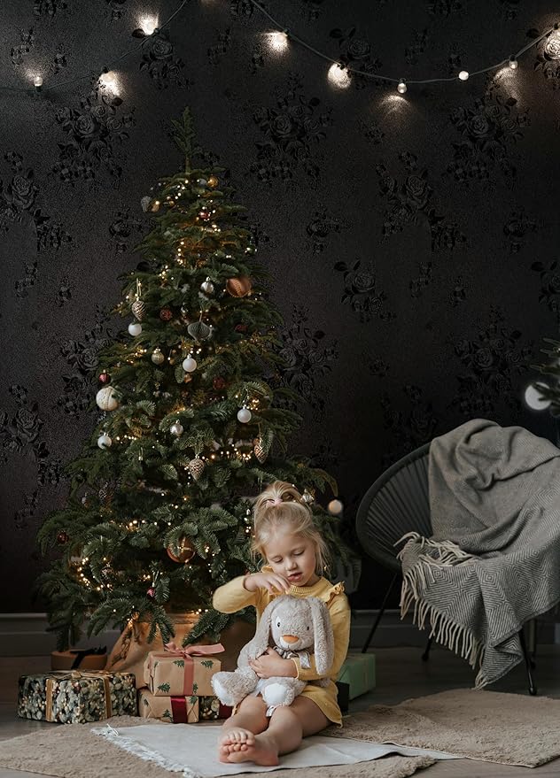 Erfoni Black Peel and Stick Wallpaper Black Floral Embossed Contact Paper