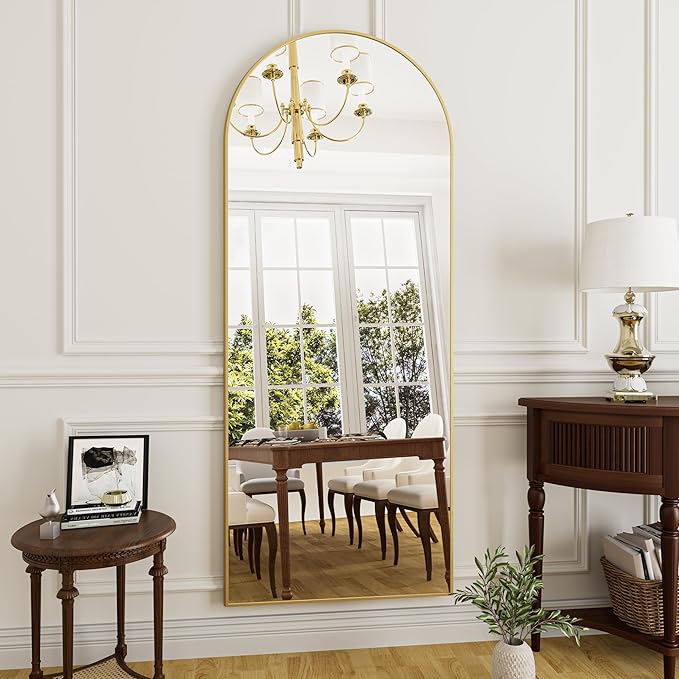 Rowjut Full Length Mirror Arched Floor Length Mirrors, Aluminum Frame