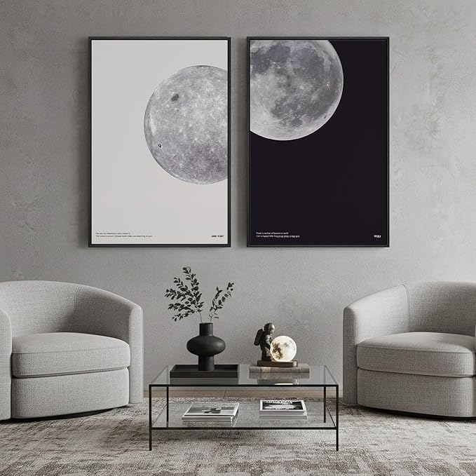 Large Framed Black and White Moon Wall Art, 2 Piece the Moon Canvas Art Prints