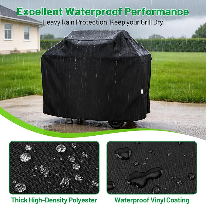 Grill Cover 55 Inch, Heavy Duty Waterproof BBQ Grill Cover for Outdoor Grill, 3-4 Burner Gas Barbecue Grill Cover for Weber, Char-Broil, Nexgrill, Windproof Protection, Black