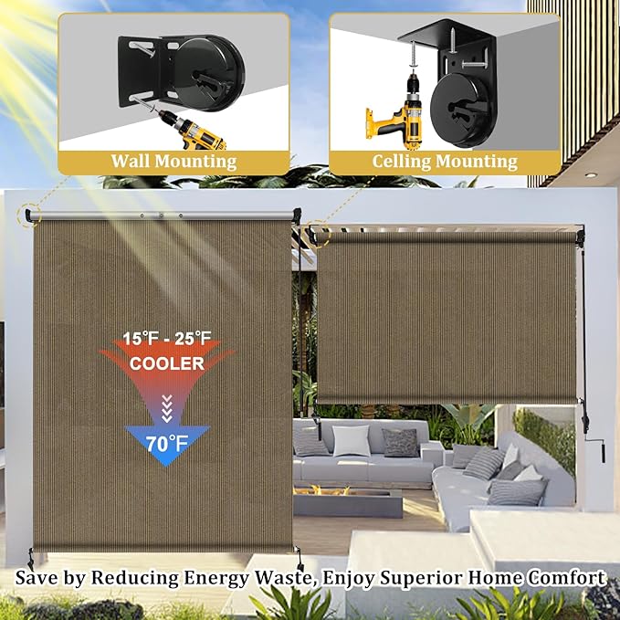Shade&Beyond Custom Size Outdoor Roller Shades Cordless Patio Roll Up Blinds