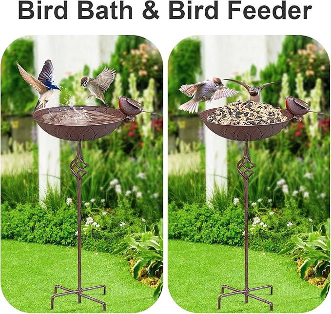 Metal Bird Bath for Outside,Hand-Painted Outdoor Birds Baths Water Bowl with Stake for Garden Patio Yard Lawn Decor, 27.6" H Bird Feeder with 5 Prongs Base,Vintage Freestanding Birdbaths & Birdfeeder