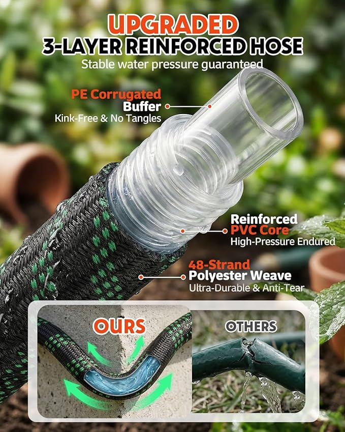 100ft Flexible Garden Hose, Lightweight Water Hose, NON-EXPANDABLE Garden Hose with 10 Function Sprayer Nozzle, Kink-Free Triple-Layer Composite Watering Hose for Yard, Lawn, Outdoor and Car Washing