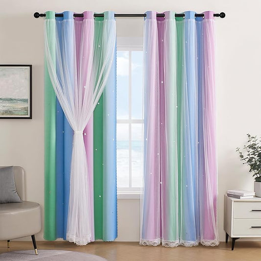 XiDi Curtains for Bedroom Decor, Rainbow Green PurpleBlue52/90/1