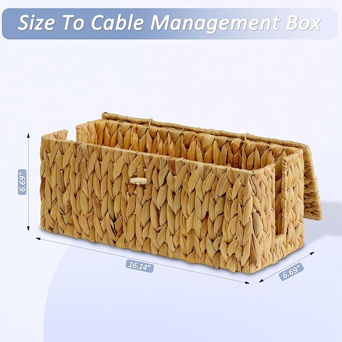 efluky Hand-Woven Cable Management Box with Lid, Water Hyacinth Cord Organizer Box to USB Wire, Power Strip & Charger, 2 Open Slots Cable Box for TV Table, Office Desk & Floor, Natural