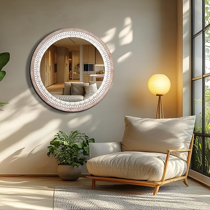 Reflinto 24 Inch Boho Wooden Round Mirror