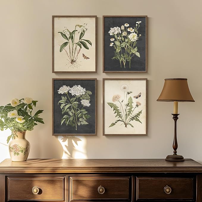 Framed Botanical Wall Art, 4 Piece Vintage Farmhouse Floral Canvas Painting
