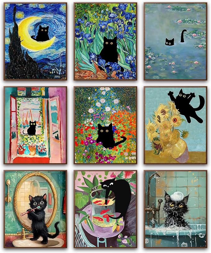 9Pcs Funny Black Cat Wall Art Cats in van gogh Famous Paintings Posters Prints