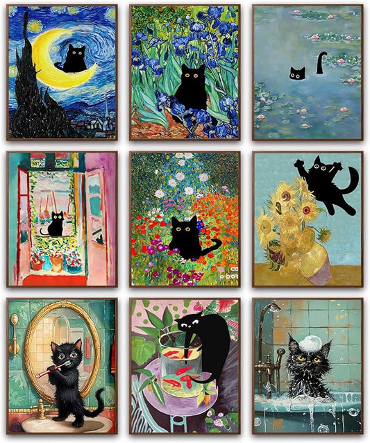 9Pcs Funny Black Cat Wall Art Cats in van gogh Famous Paintings Posters Prints
