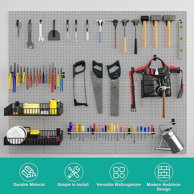 Peg Board, 4 Pack Metal Pegboard Panels Grey Pegboards Wall Organizer
