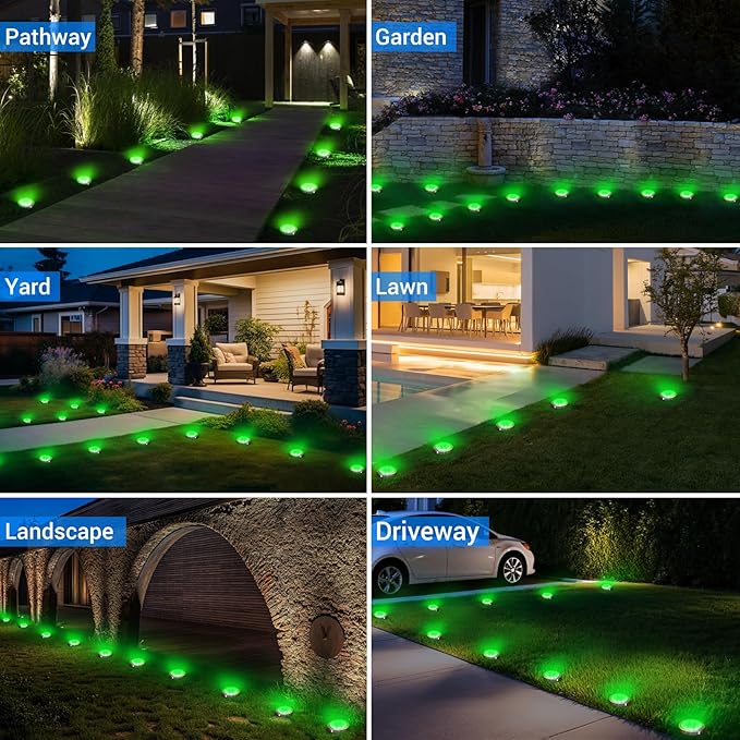 Peasur Solar Ground Lights Outdoor, 12 Pack Flat Solar Powered Disc Lights, IP68 Waterproof, Anti-Rust, Landscape Lighting for Pathway Garden Yard Lawn Walkway Landscape Driveway, Green