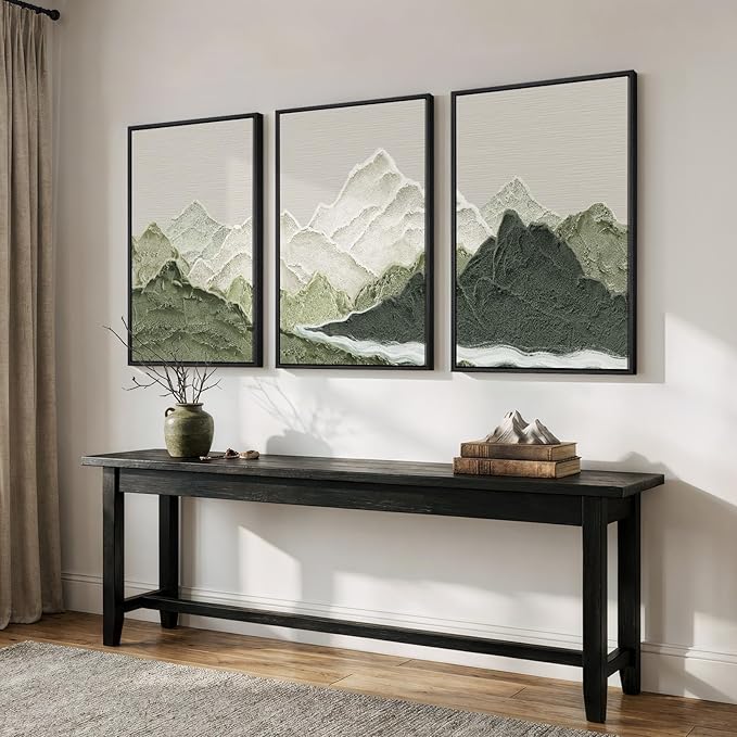 Framed Green Abstract Mountain Wall Art for Living Room, 3 Piece Large Landscape Prints Canvas Artwork for Walls, Modern Minimalist Scenic Pictures Hallway Dining Room Home Office Wall Decor, 24x36 In