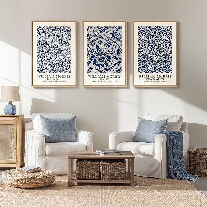 Framed Large William Morris Wall Art Set of 3, Vintage Blue Botanical Floral