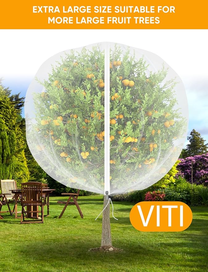VITI Fruit Tree Netting for Cicadas - with 4Pcs 8Ftx5.3Ft Zipper&Drawstring Protection for Your Fruit Trees Garden Bird Netting Covers Blueberry Bush Tomato Bug Plant Protection Cherry Apple Tree