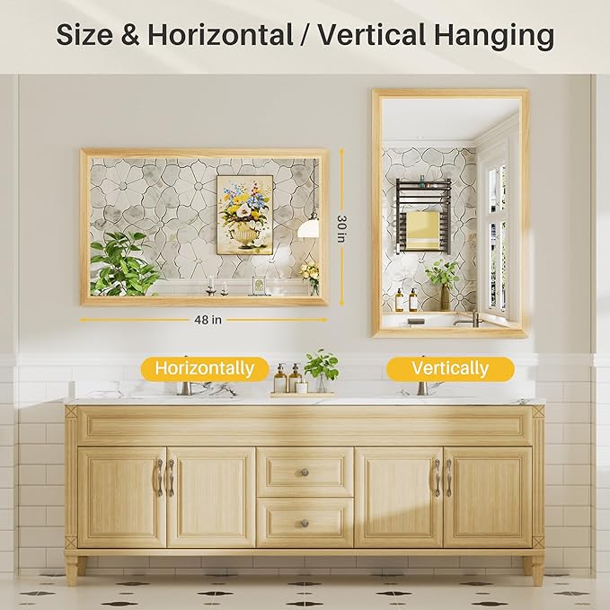 48x30 Inch Bathroom Mirror for Wall, Anti-Rust Oak Wood Grain Metal Framed