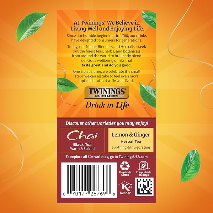 Twinings Pumpkin Spice Chai Black Tea Individually Wrapped Bags, 20 Count (Pack of 6), Warm, Spicy & Aromatic, Caffeinated, Enjoy Hot or Iced, 120 Teabags