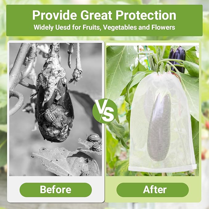 Fruit Protection Bags, 100 Pcs 8x12 Inch Garden Insect Netting Bags for Fruit Trees, Fruit Mesh Bags with Drawstring Protect Tomatos, Grapes, Mangos from Bugs Birds Squirrels