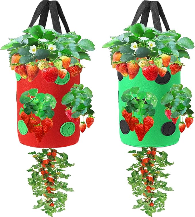 Miewslan 2 Packs Hanging Strawberry Planter, Upside Down Tomato Grow Bag Tomato Potato Strawberry Grow Bags Garden Plant Vegetable Planting Bag with Holes(Green+Red)