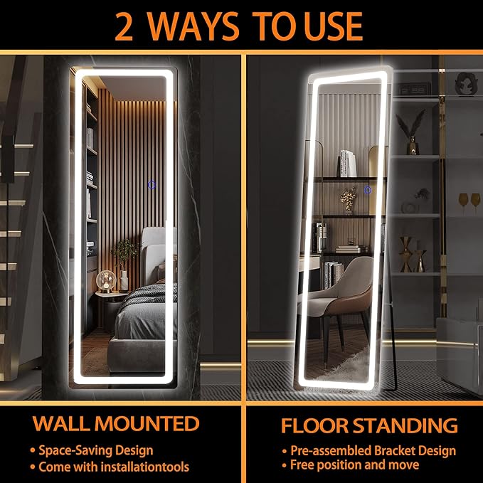 Hasipu Full Length Mirror with Lights, Full Body Dressing Standing, Hanging
