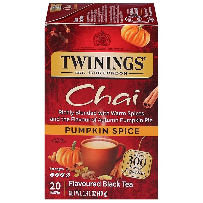Twinings Pumpkin Spice Chai Black Tea Individually Wrapped Bags, 20 Count (Pack of 1), Warm, Spicy & Aromatic, Caffeinated, Enjoy Hot or Iced, 20 Teabags