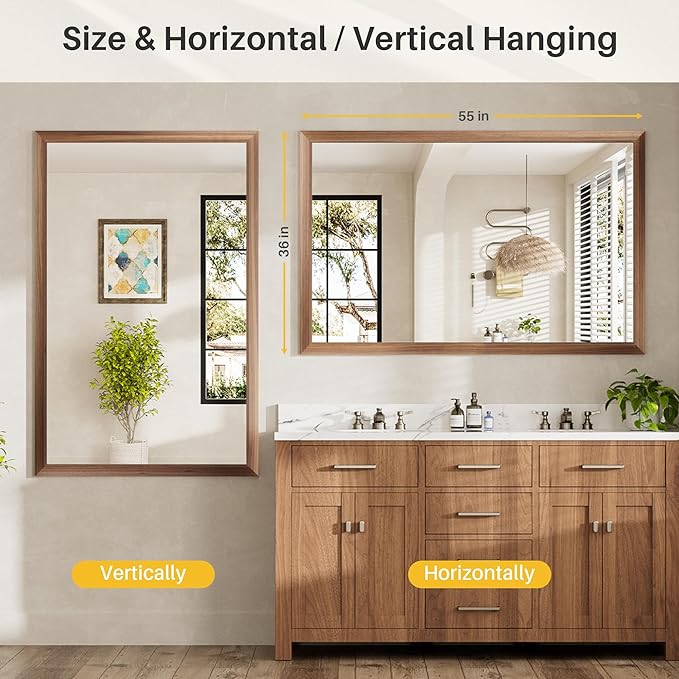 55x36 Inch Bathroom Mirror for Wall, Anti-Rust Walnut Wood Grain Metal Framed