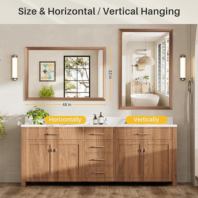 48x32 Inch Bathroom Mirror for Wall, Anti-Rust Walnut Wood Grain Metal Framed