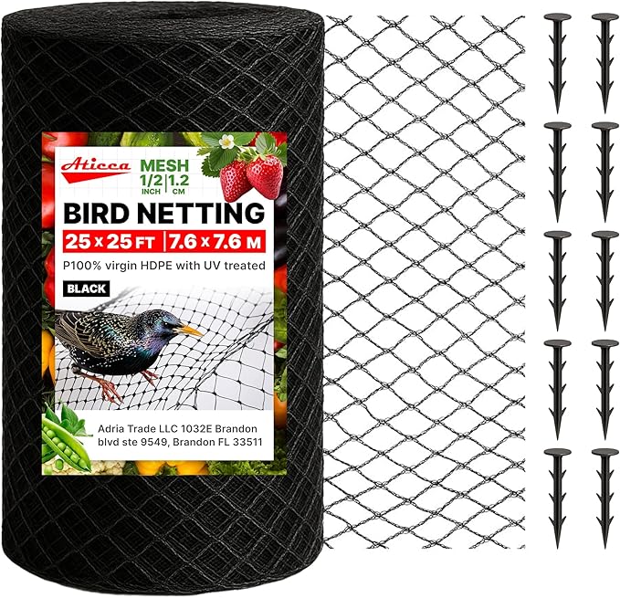 ATICCA Heavy Duty Bird Netting for Garden Protection & Fruit Trees, 25x25 Ft with 10 Stakes â Black Anti-Bird Net for Poultry, Deer, & Squirrel Protection, Durable Nylon Mesh for Garden and Yard Use