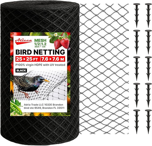 ATICCA Heavy Duty Bird Netting for Garden Protection & Fruit Trees, 25x25 Ft with 10 Stakes â Black Anti-Bird Net for Poultry, Deer, & Squirrel Protection, Durable Nylon Mesh for Garden and Yard Use
