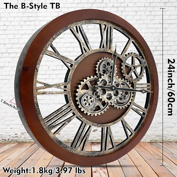The B-Style Large Wall Clock 24 inch Moving Gear Wall Clock Oversized Vintage
