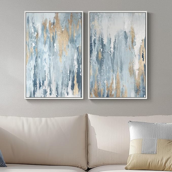 White Framed Blue and Gold Abstract Canvas Wall Art