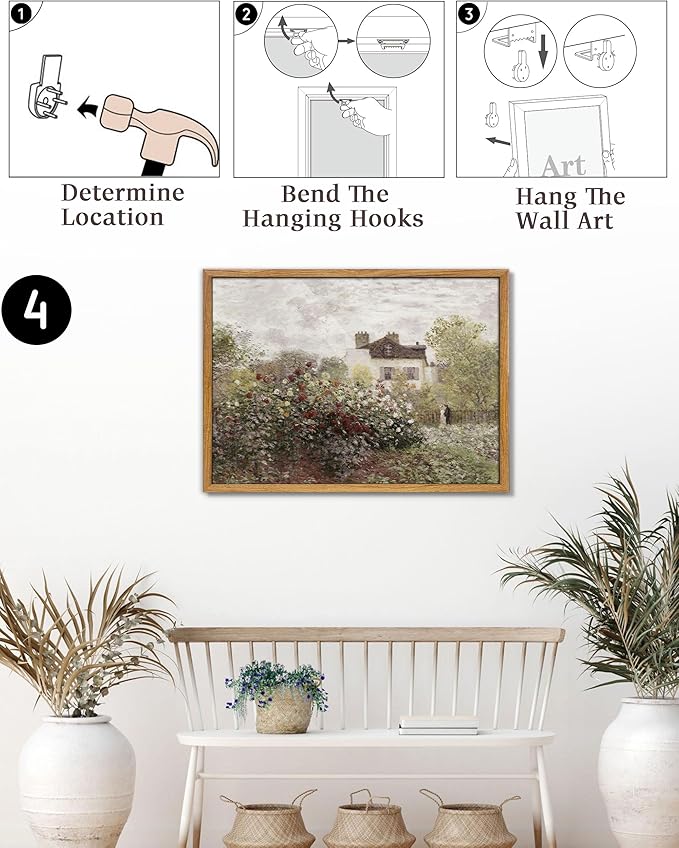 UPWOIGH 16x24 in Large Framed Wall Art, Claude Monet The Artist's Garden Oil Painting Canvas, Vintage Impressionist Rose Garden Landscape, Rustic Cottage Farmhouse Decor for Living Room Bedroom, 1Pack