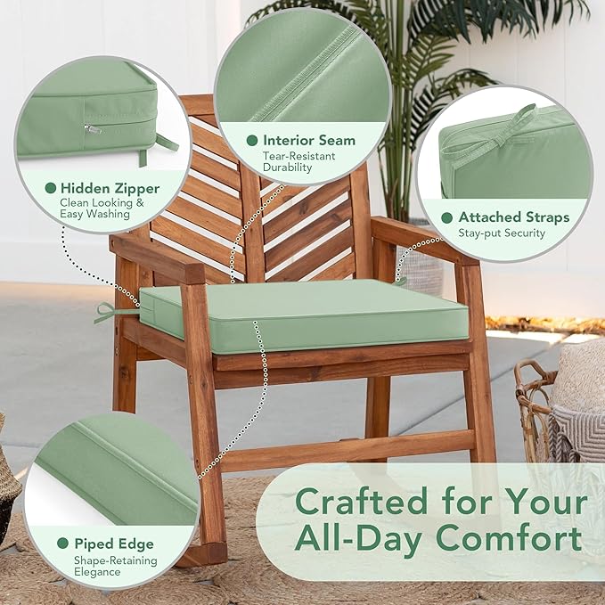Outdoor Chair Cushions Set of 2: Waterproof & Fade Resistant Deep Seat Cushion for Patio Furniture - 24 x 24 Inch Chair Pad with Ties and Hidden Zipper - Patio Chair Cushion Replacement, Sage Green