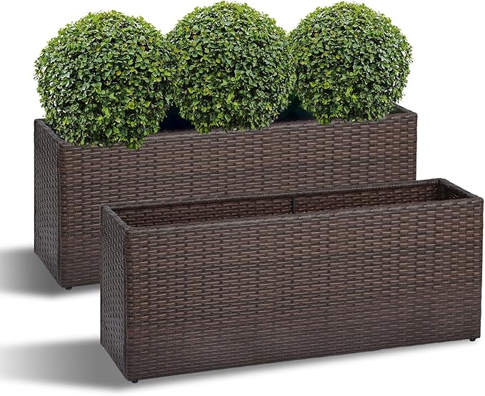 SUNNYPARK Set of 2 Large Rectangular Planter with Removable Liner, All-Weather PE Rattan Modern Planters Indoor Outdoor Flower Plant Pots Garden Box Patio Yard Front Porch Deck
