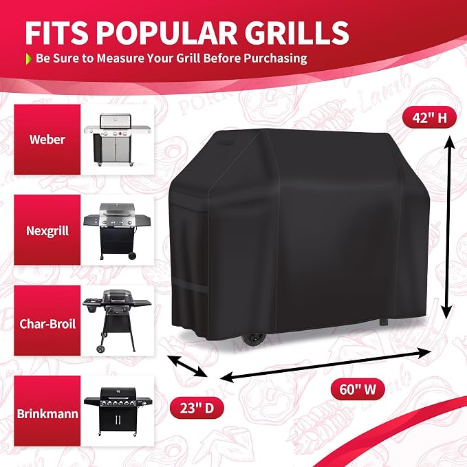 NEXCOVER 60 Inch Grill Cover - 600D Heavy Duty Waterproof and Weather Resistant BBQ Cover for Weber, Char Broil, Nexgrill - Fade Resistant, Black