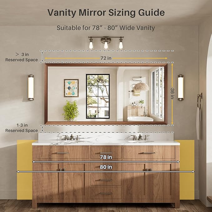 72x36 Inch Bathroom Mirror for Wall, Anti-Rust Walnut Wood Grain Metal Framed