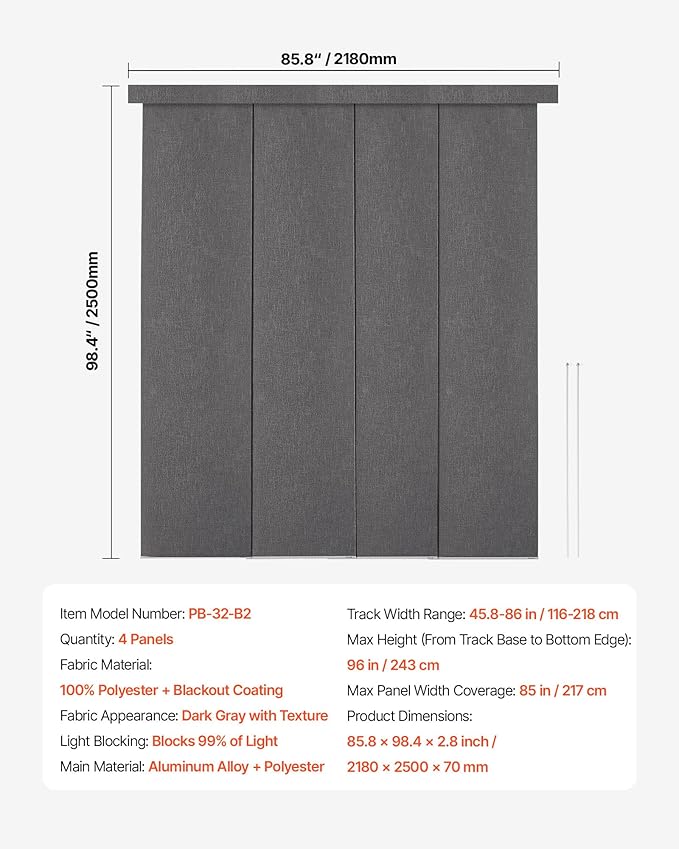 VEVOR Panel Track Blinds, Extendable Track from 45.8 in to 86 in W, Trimmable