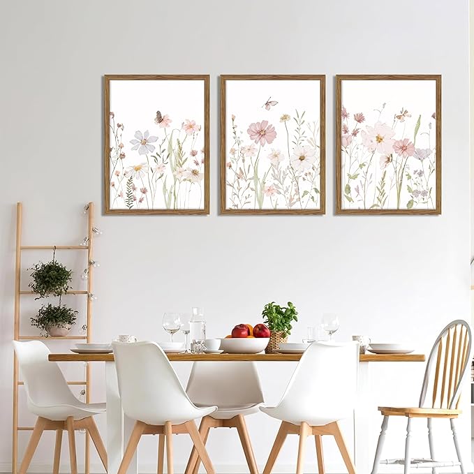 Framed Wildflower Wall Art Set of 3, Vintage Flower Botanical Paintings