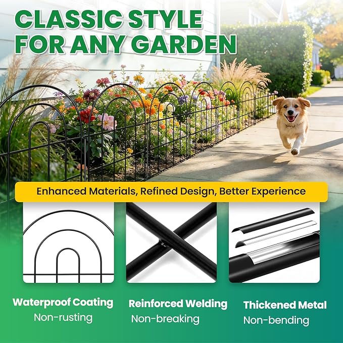 Garden Fence Panels – 20.58ft(L) x 17"（H）Arched Fencing with Tool-Free Install, Metal Fence Panels Rustproof Outdoor Barrier for Yard, Patio, Flower Beds, Dog Barrier, Decor Garden Edging