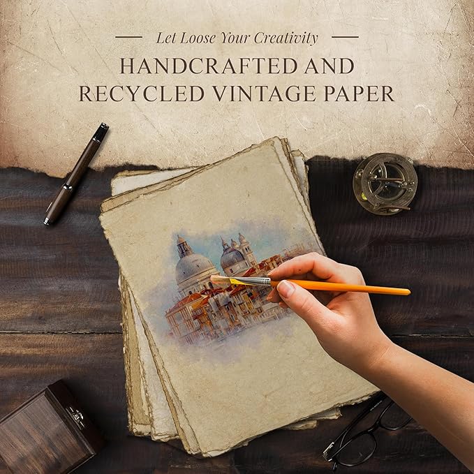NomadCraftsCo. Blank Vintage Handmade Deckled Edge Paper | 75 Sheets of Recycled Cotton Papers, Perfect Sheet for Any Medium, Blank Watercolor Paper Cards, 150 GSM Thick & Acid-free Antique Paper
