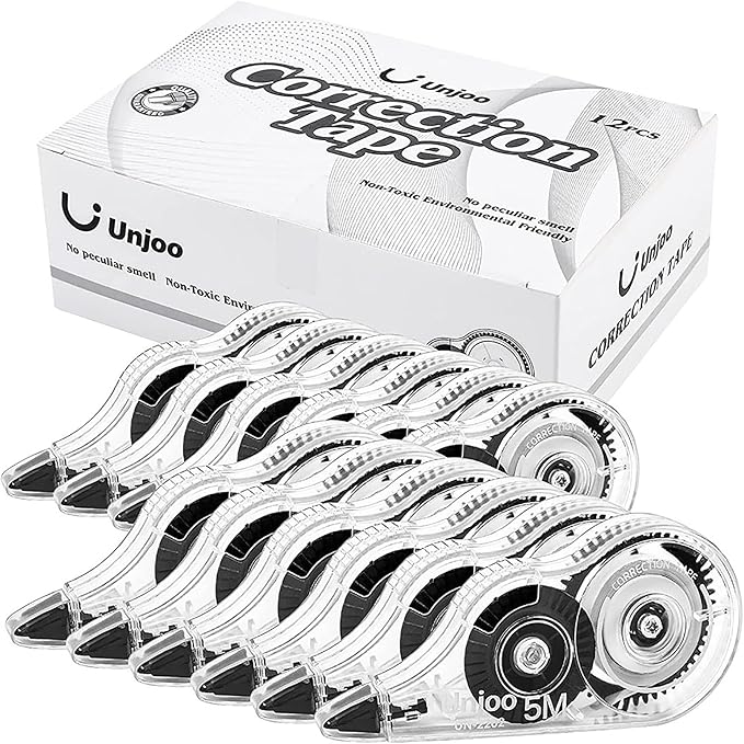 Unjoo White Correction Tape, Easy To Use Applicator for Instant Corrections Wrong Writing At Any Time, For school, Office (12pack, 5M/196" x 0.2", Black)