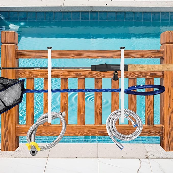 2Pcs White Pool Pole Hangers, Adjustable Heavy Duty Swimming Pool Fence Hooks for Pool Equipment, Skimmers, Leaf Rakes, Nets, Brushes, Vacuum Hose, Garden Tool Organizer