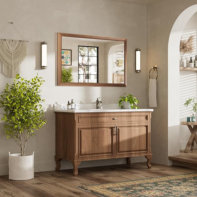 48x30 Inch Bathroom Mirror for Wall, Anti-Rust Walnut Wood Grain Metal Framed